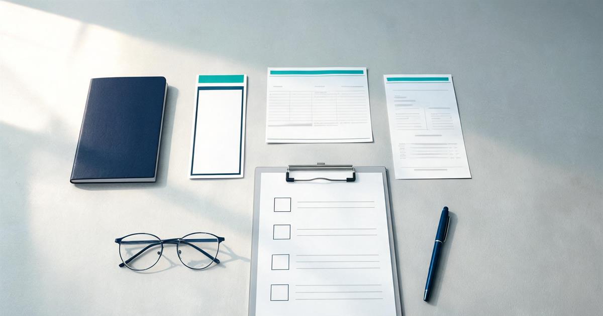 Passport, boarding pass, bank statement, hotel reservation and a clipboard checklist laid out on a desk for a visa application review